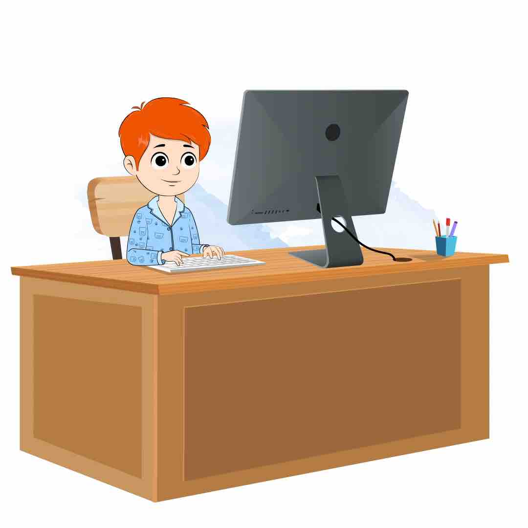 A boy in night dress animated cartoon character working on a computer aka adit