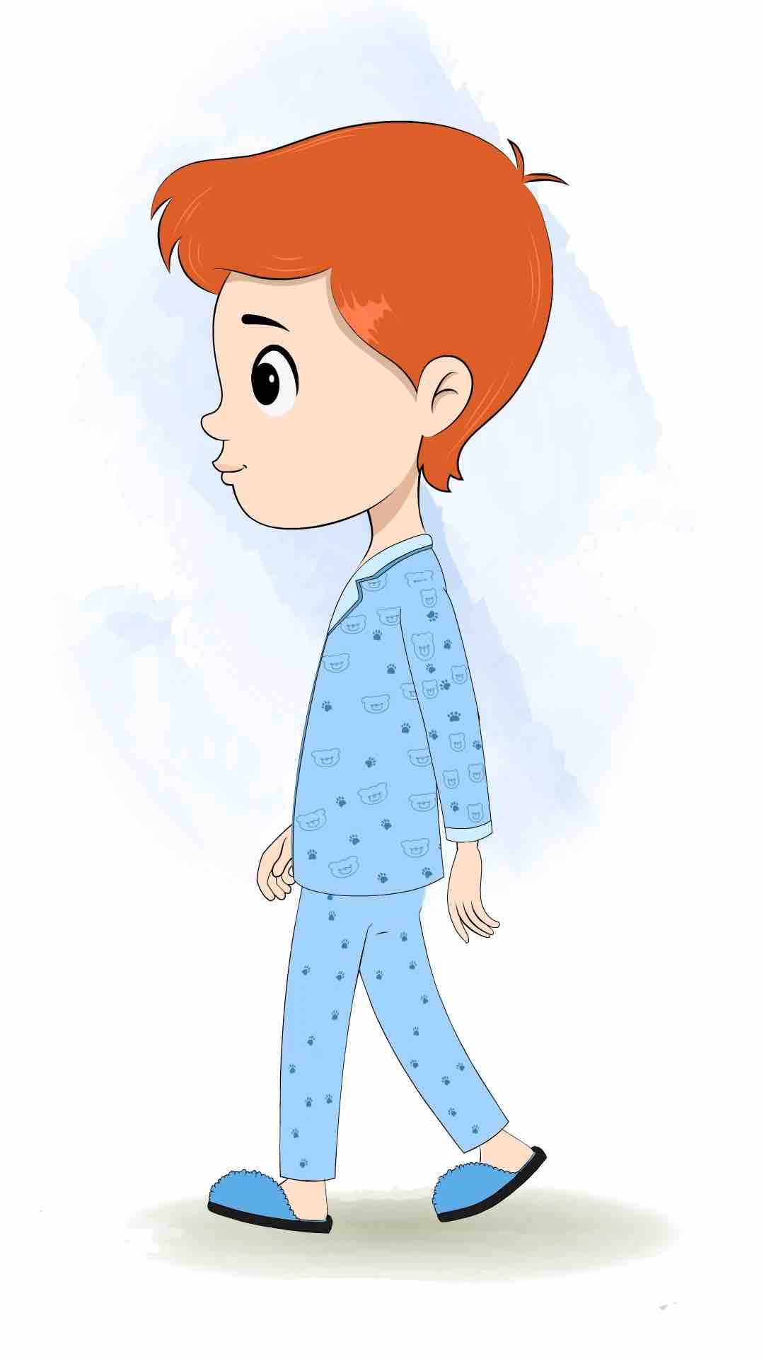 A boy in night dress walking side view animated cartoon character aka adit