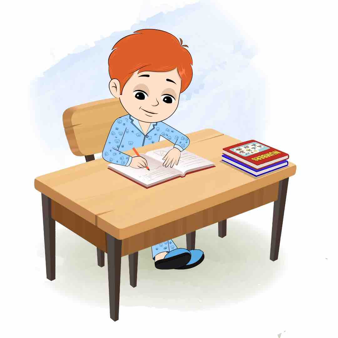 A boy in night dress doing homework and sitting on the table animated cartoon character aka adit