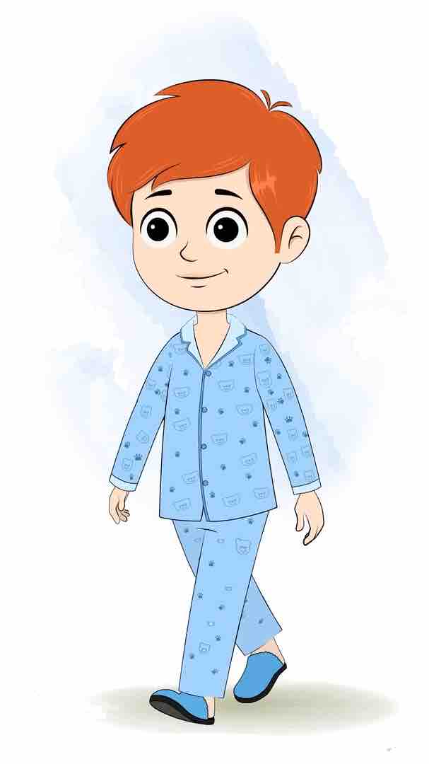 A boy in night dress 3/4 front view/three quarter view walking animated cartoon character aka adit