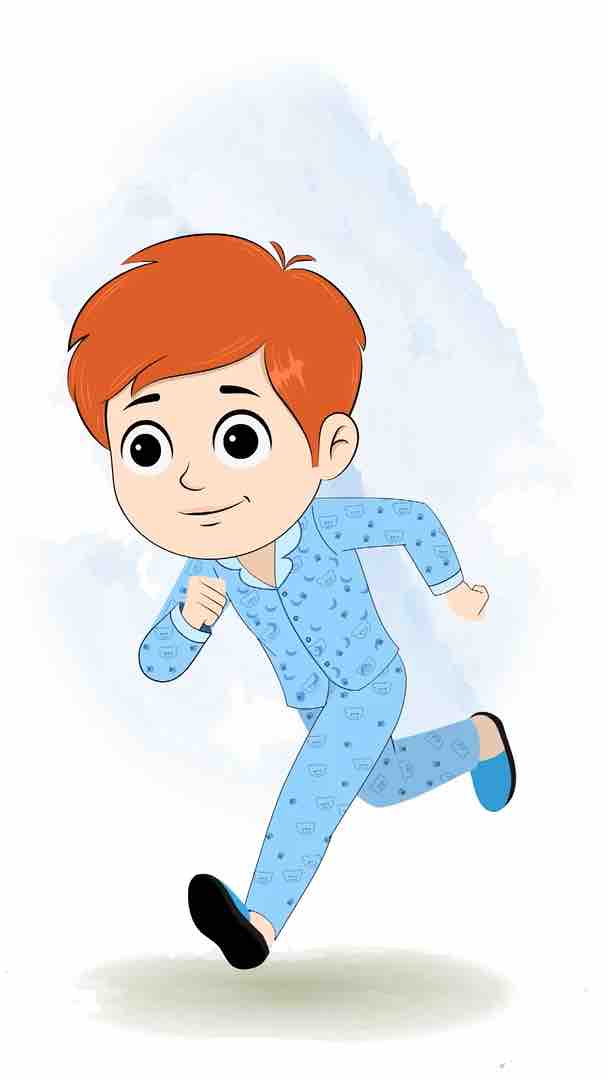 A boy in night dress running three quarter view animated cartoon character aka adit