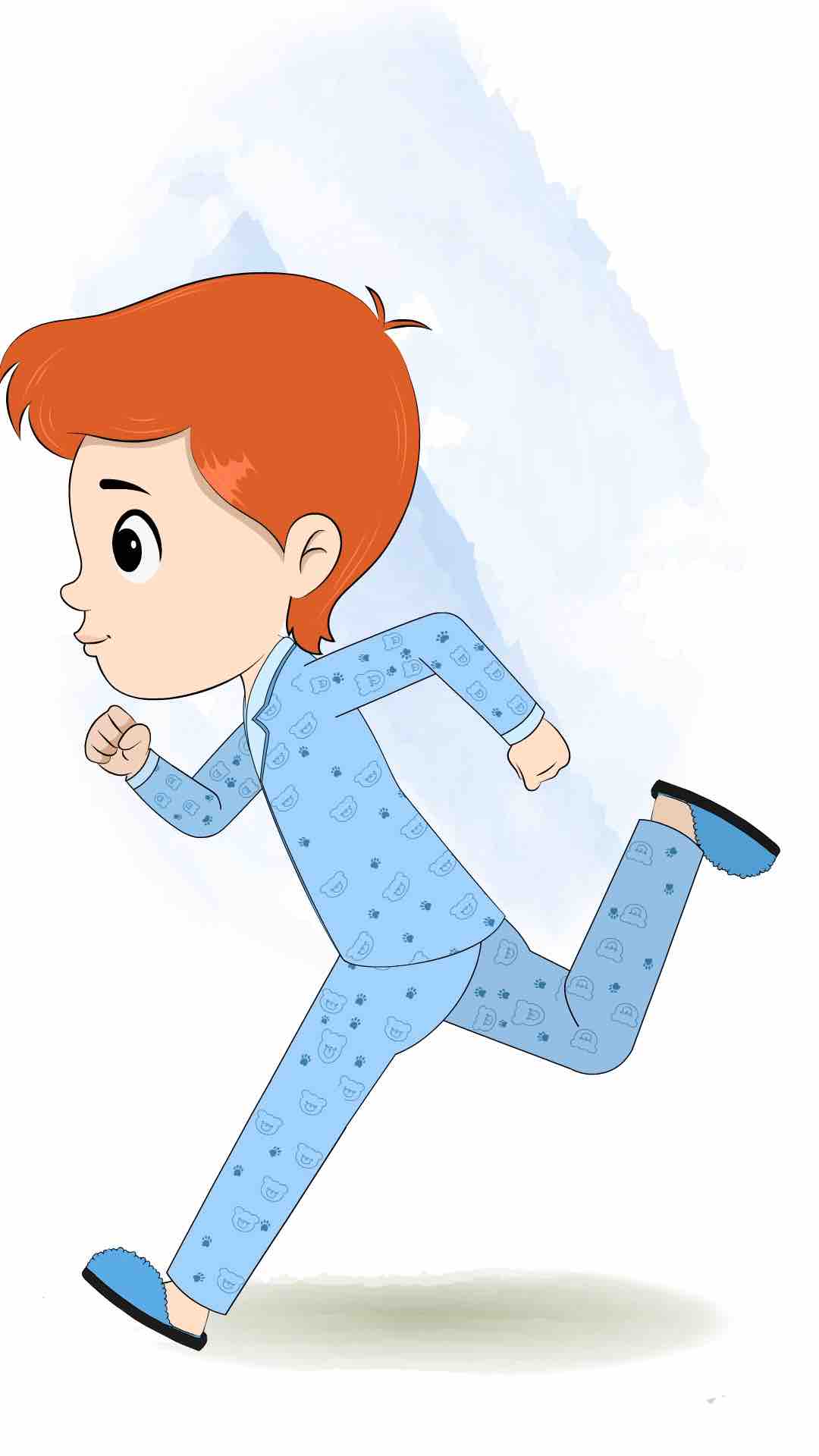 A boy in night dress running fast side view animated cartoon character aka adit