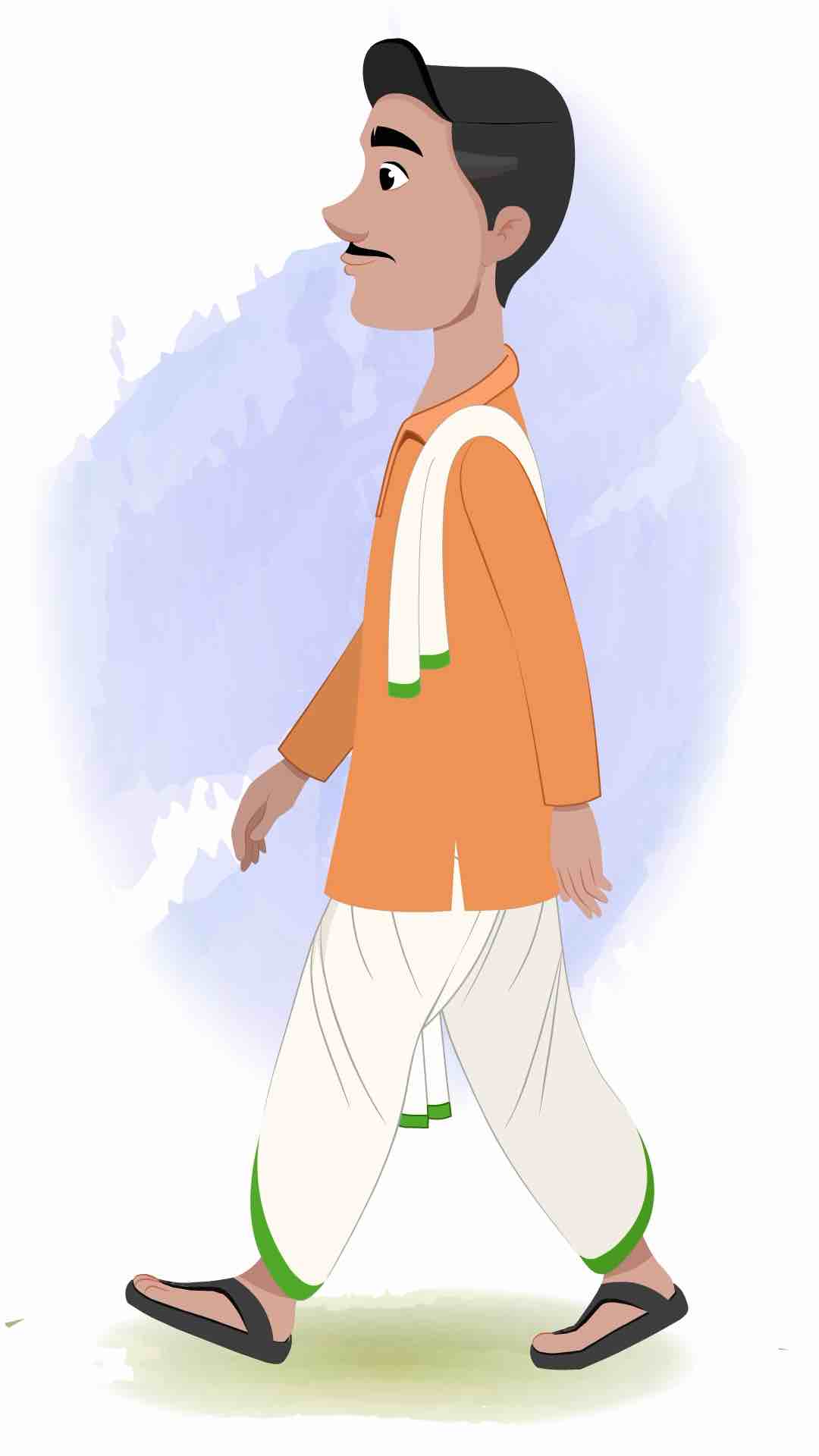 An Indian farmer walking side view animated cartoon character AKA Ram Chandra