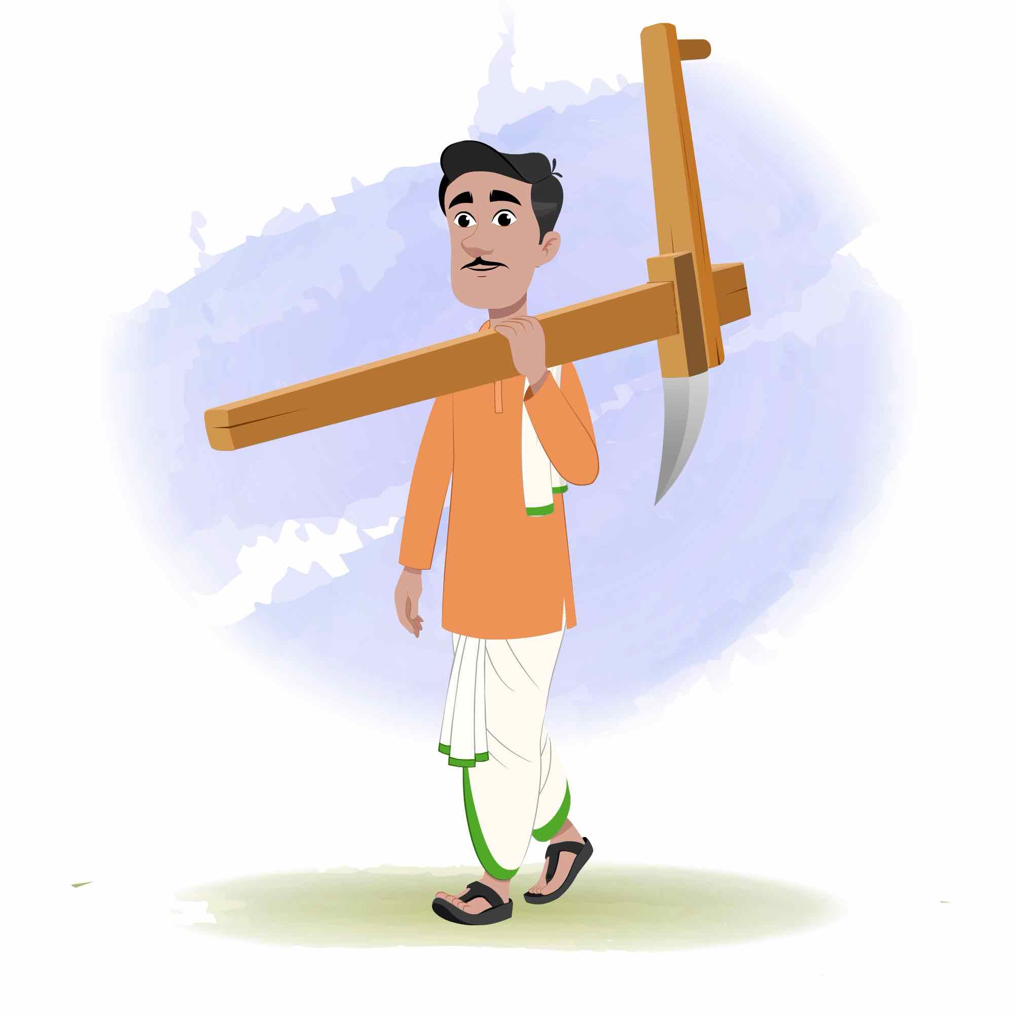 An indian farmer walking with plough animated cartoon character aka ram chandra