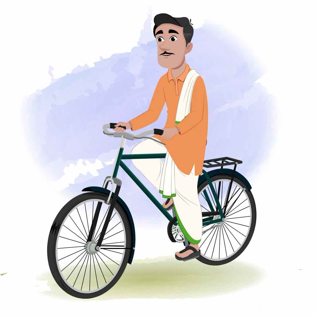 An indian man riding bicycle animated cartoon character aka ram chandra