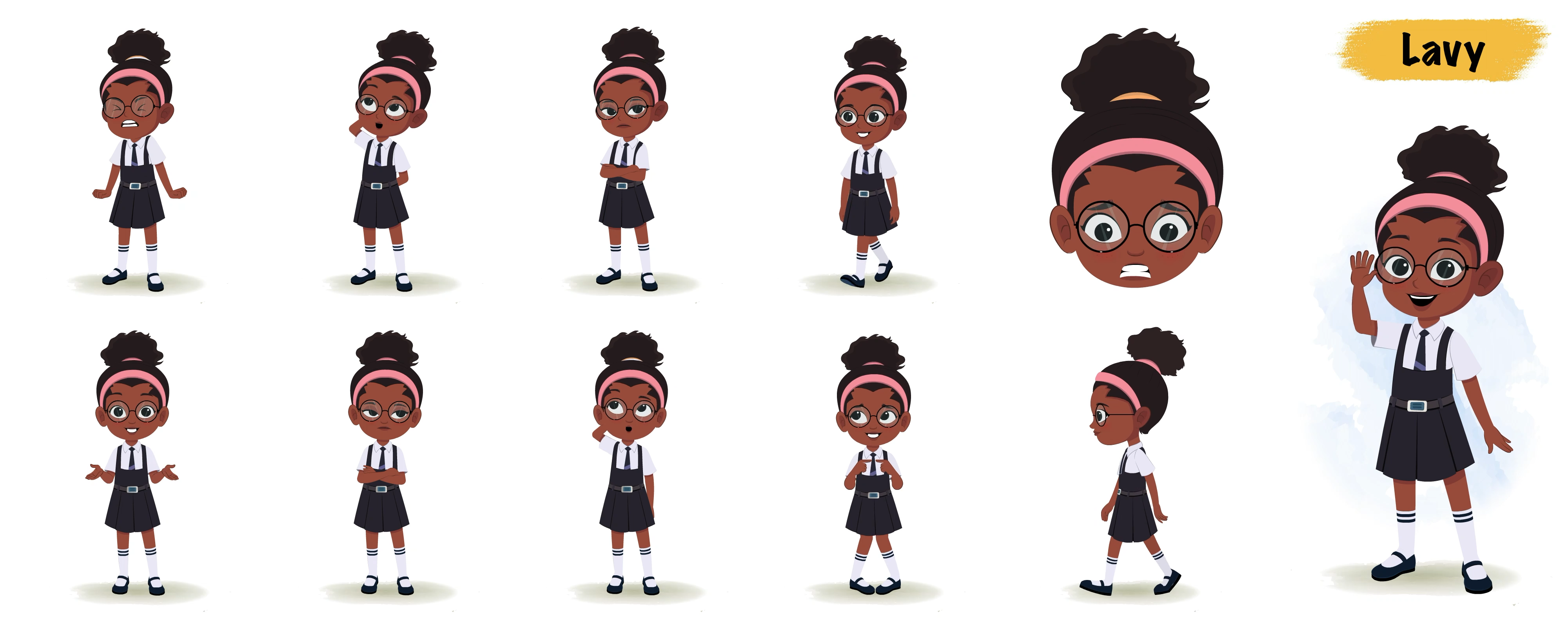 Cute black school girl animated vector cartoon character model sheet AKA Lavy