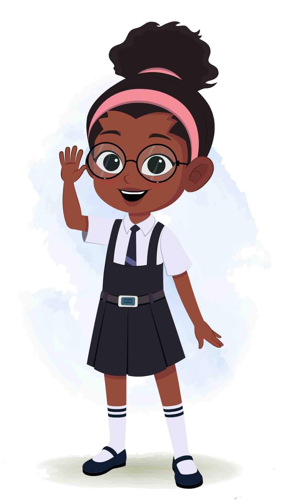 A cute black school girl saying hello animated cartoon character aka lavy