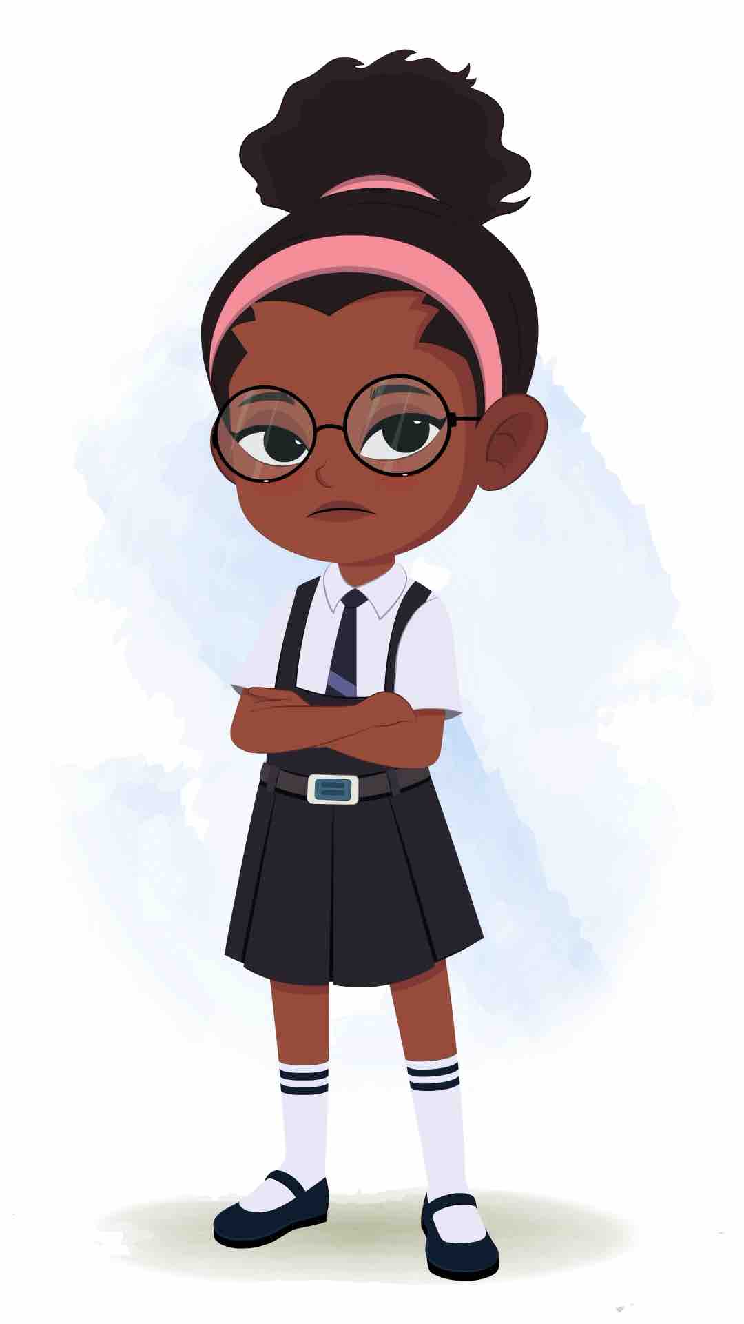 A cute black annoyed school girl animated cartoon character aka misti