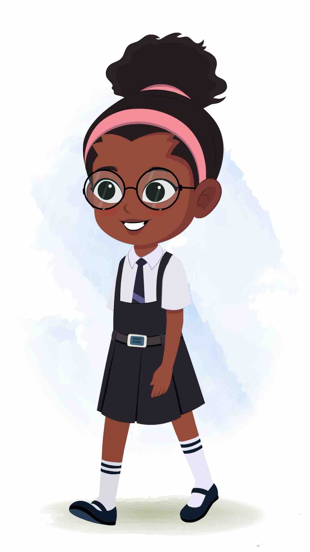 A cute black school girl 3/4 front view/three quarter view walking animated cartoon character aka lavy