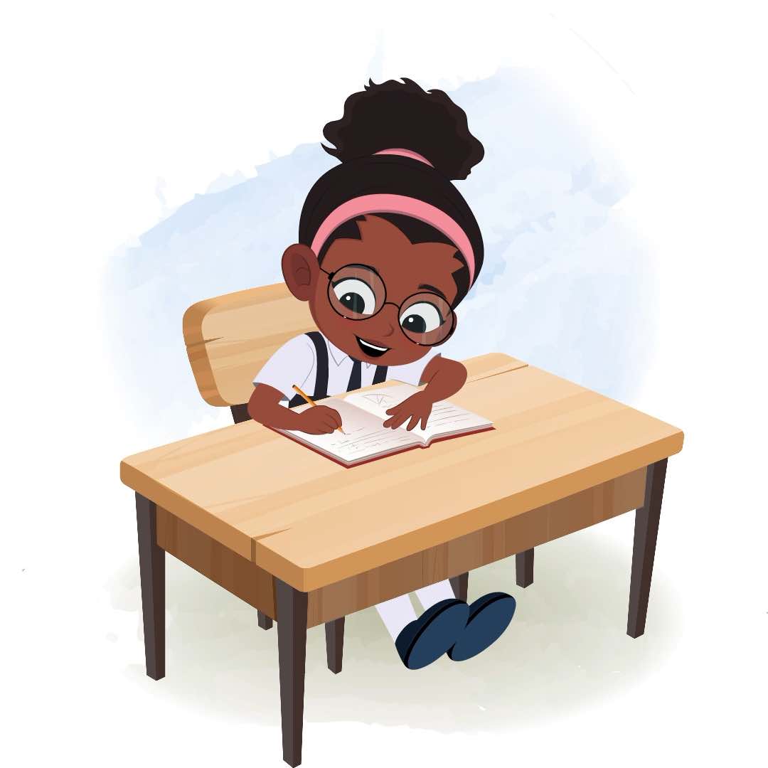 A cute black school girl doing homework and sitting on the table animated cartoon character aka lavy