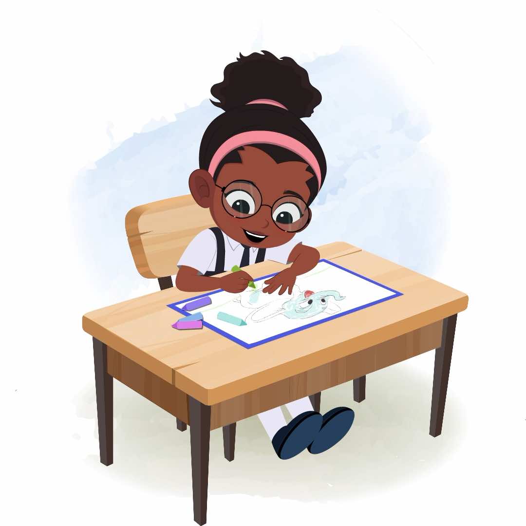 A cute black school girl is sitting at a table with some crayons and coloring on the paper aka lavy