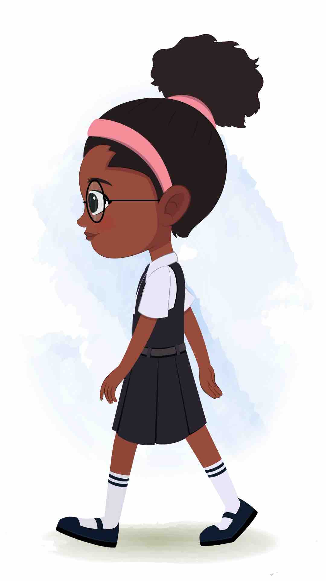 A cute black school girl walking side view animated cartoon character aka lavy