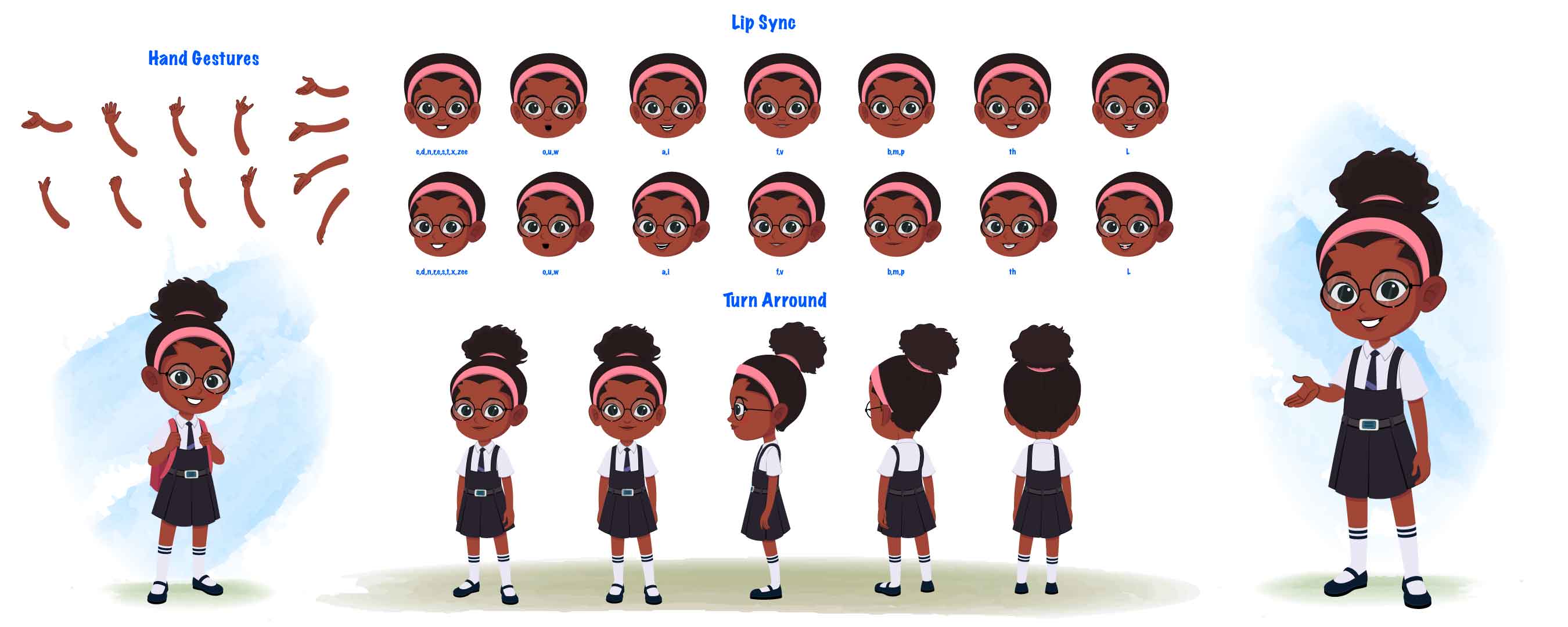 A cute black school girl cartoon character construction/model sheet aka lavy