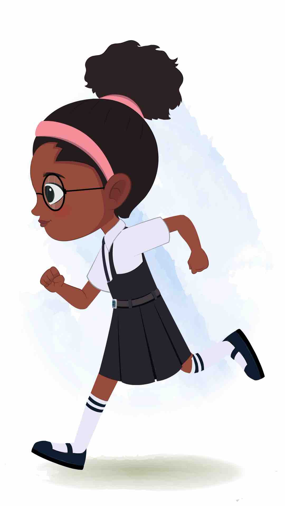 A cute black school girl running fast side view animated cartoon character aka lavy