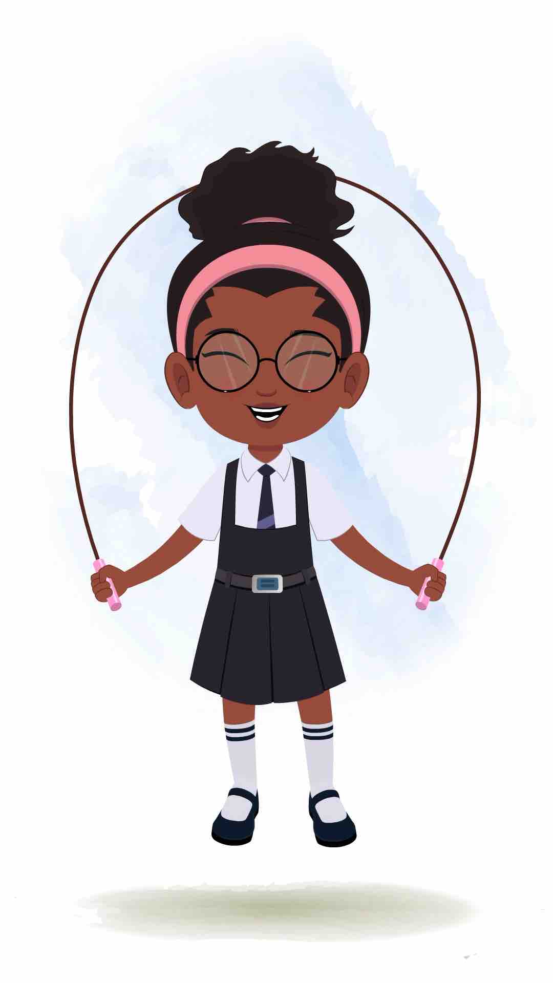 A cute black school girl jumping rope skipping animated cartoon character aka lavy