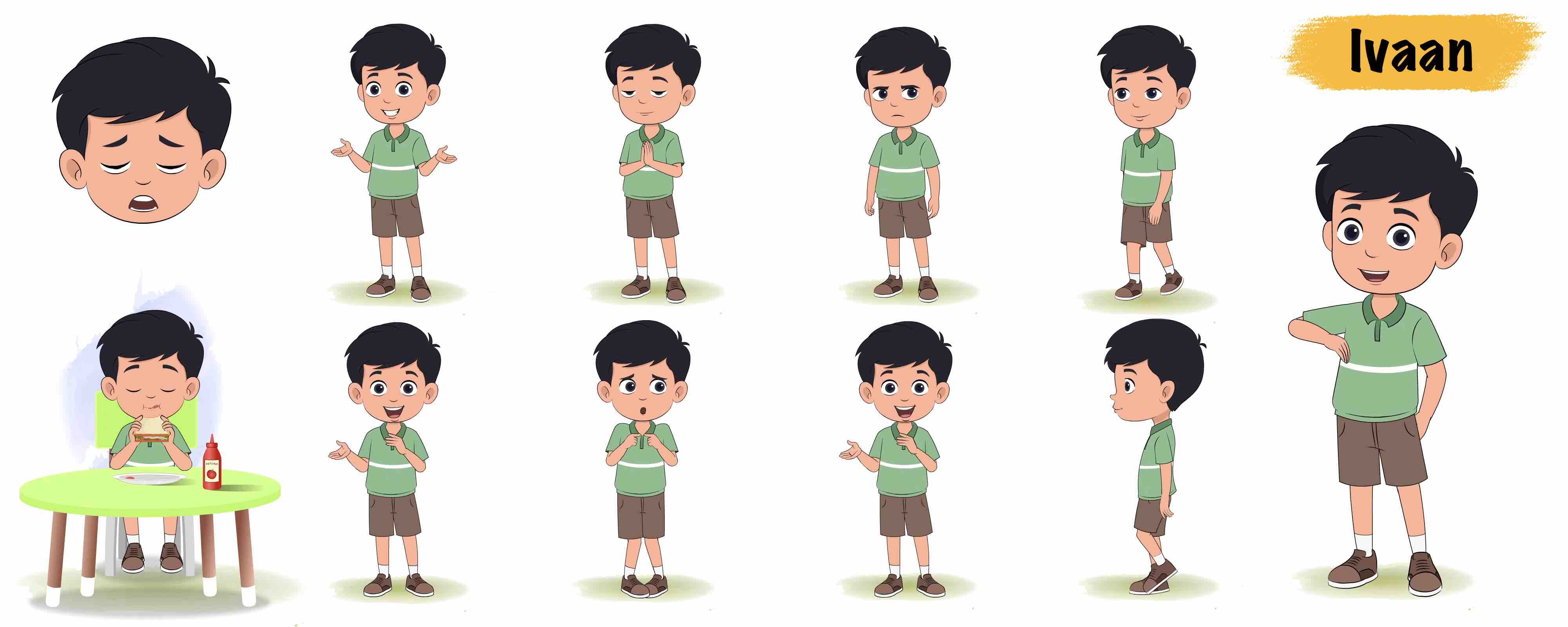 Cute Indian boy animated vector cartoon character model sheet AKA Ivaan