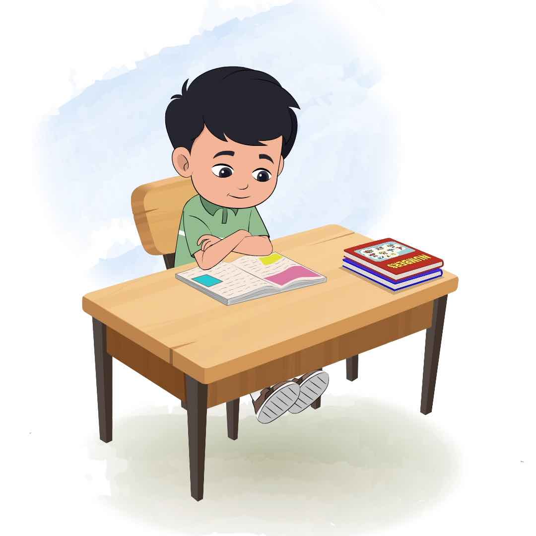 A cute Indian boy reading a book and sitting on the table animated cartoon character aka ivaan