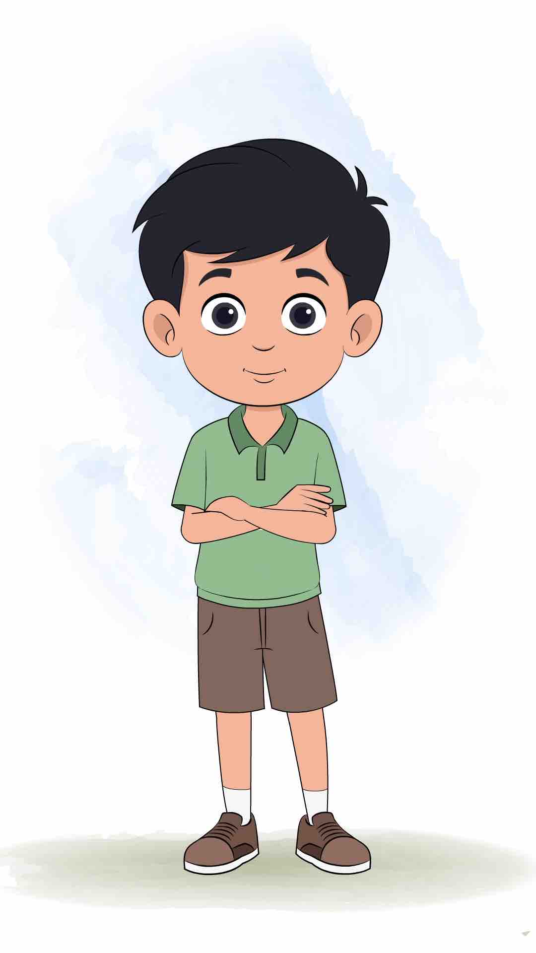 A cute Indian boy standing with cross hand and talking animated cartoon character aka ivaan