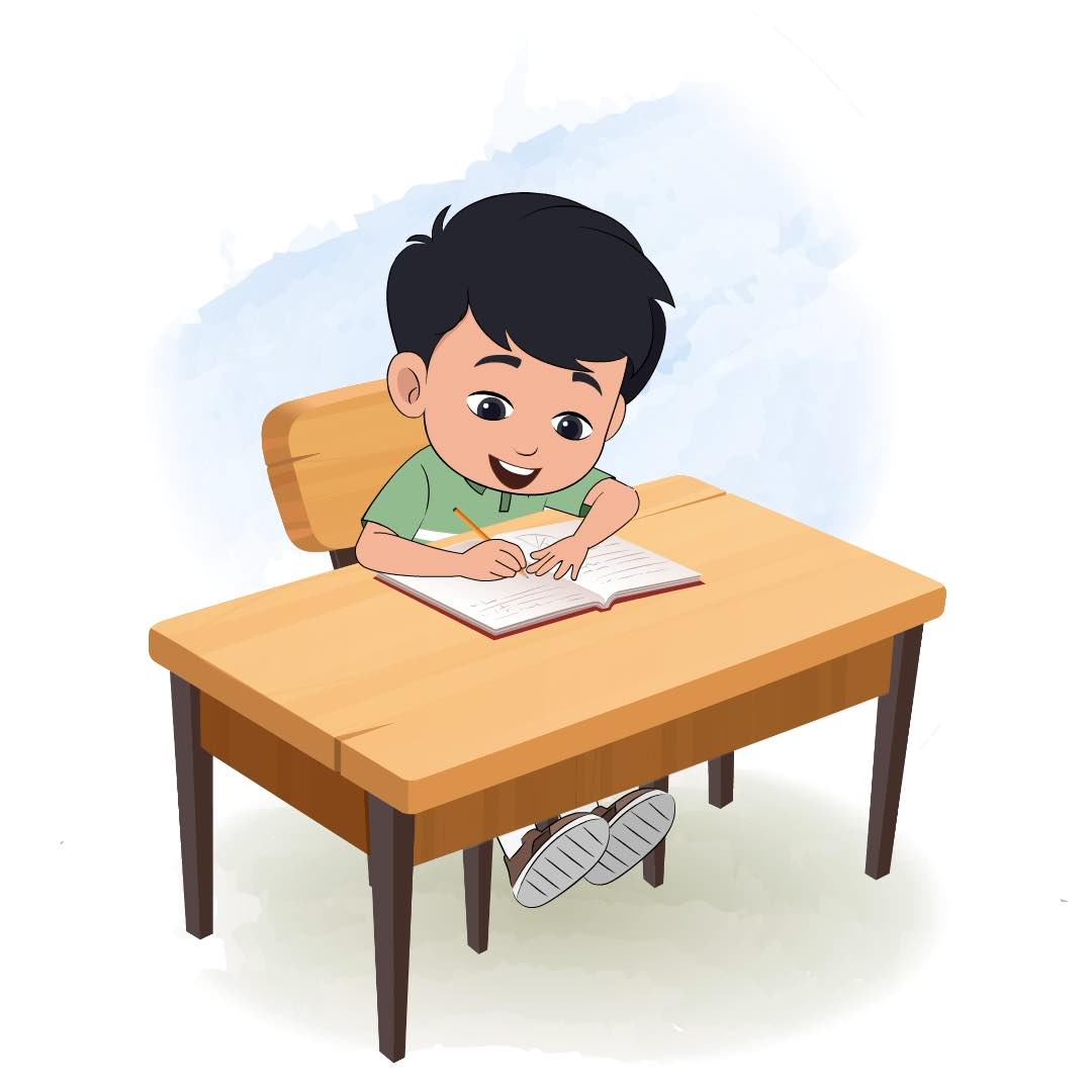 A cute Indian boy doing homework and sitting on the table animated cartoon character aka ivaan