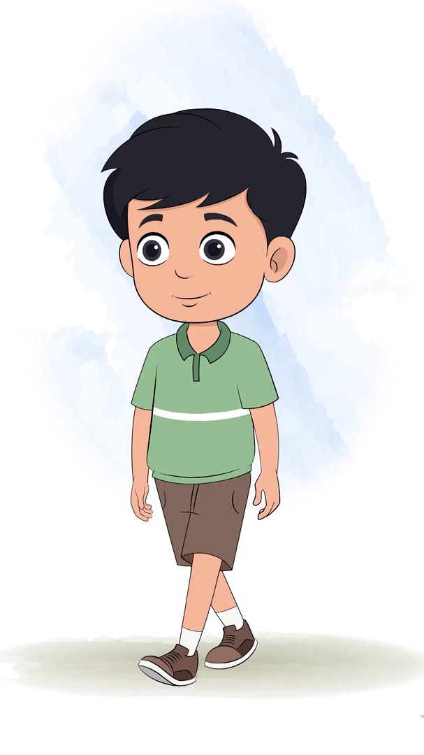 A cute Indian boy 3/4 front view/three quarter view walking animated cartoon character aka ivaan