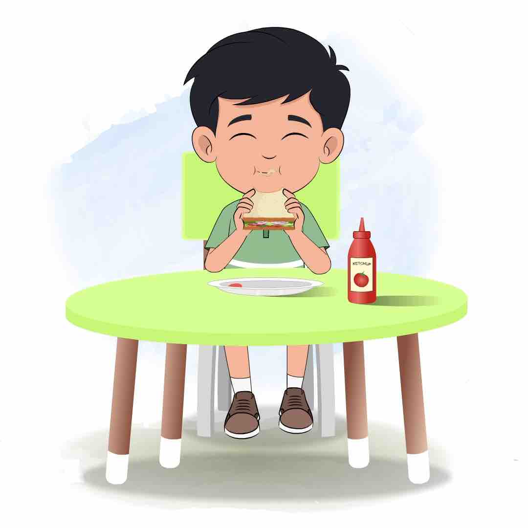 A cute Indian boy animated cartoon character sitting at a table and eating a sandwich aka ivaan