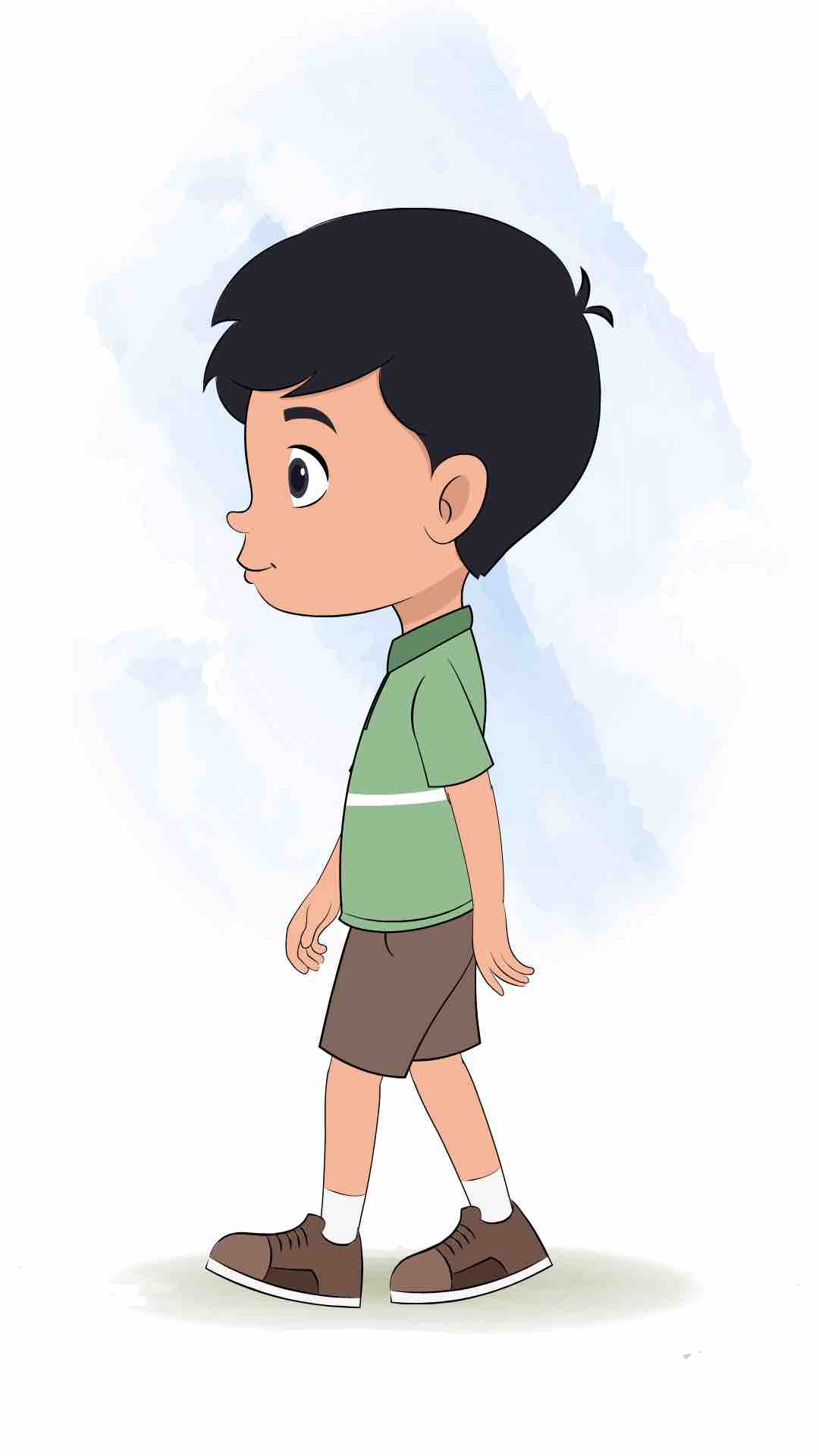 A cute Indian boy walking side view animated cartoon character aka ivaan