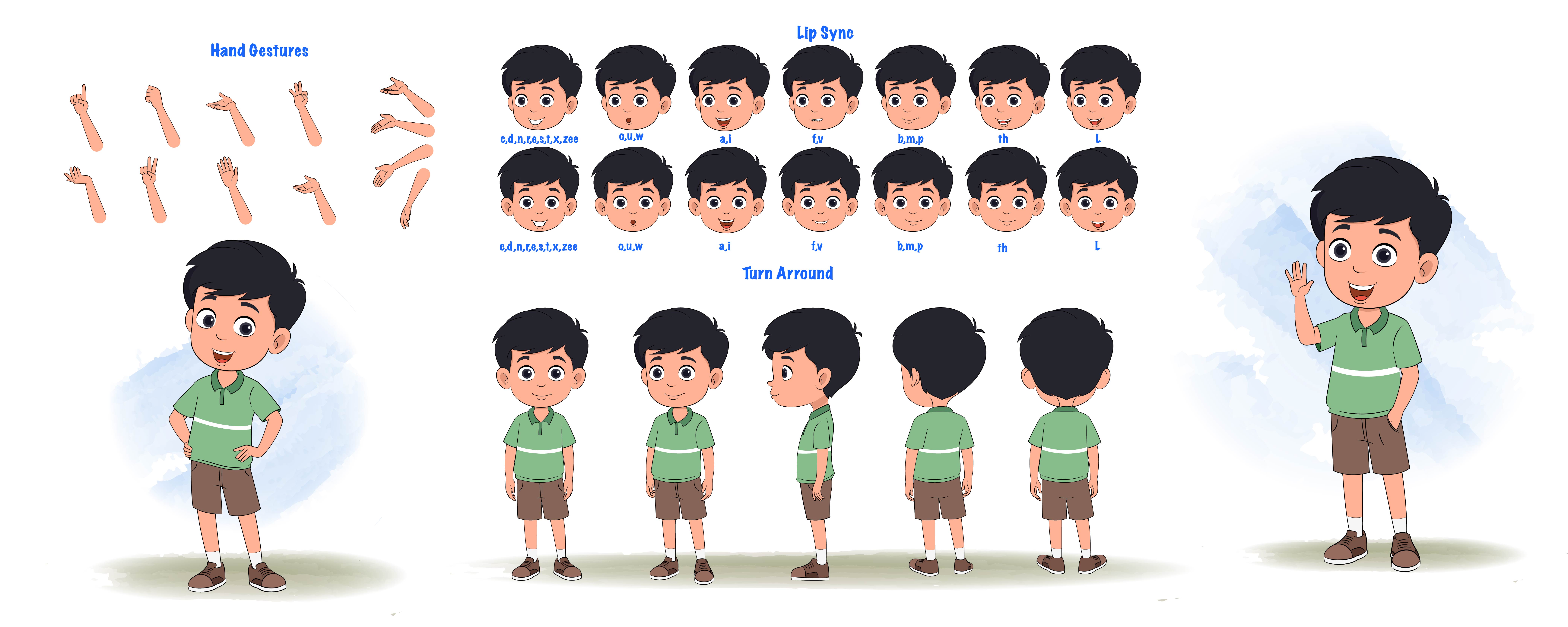 A cute Indian boy cartoon character construction/model sheet aka ivaan