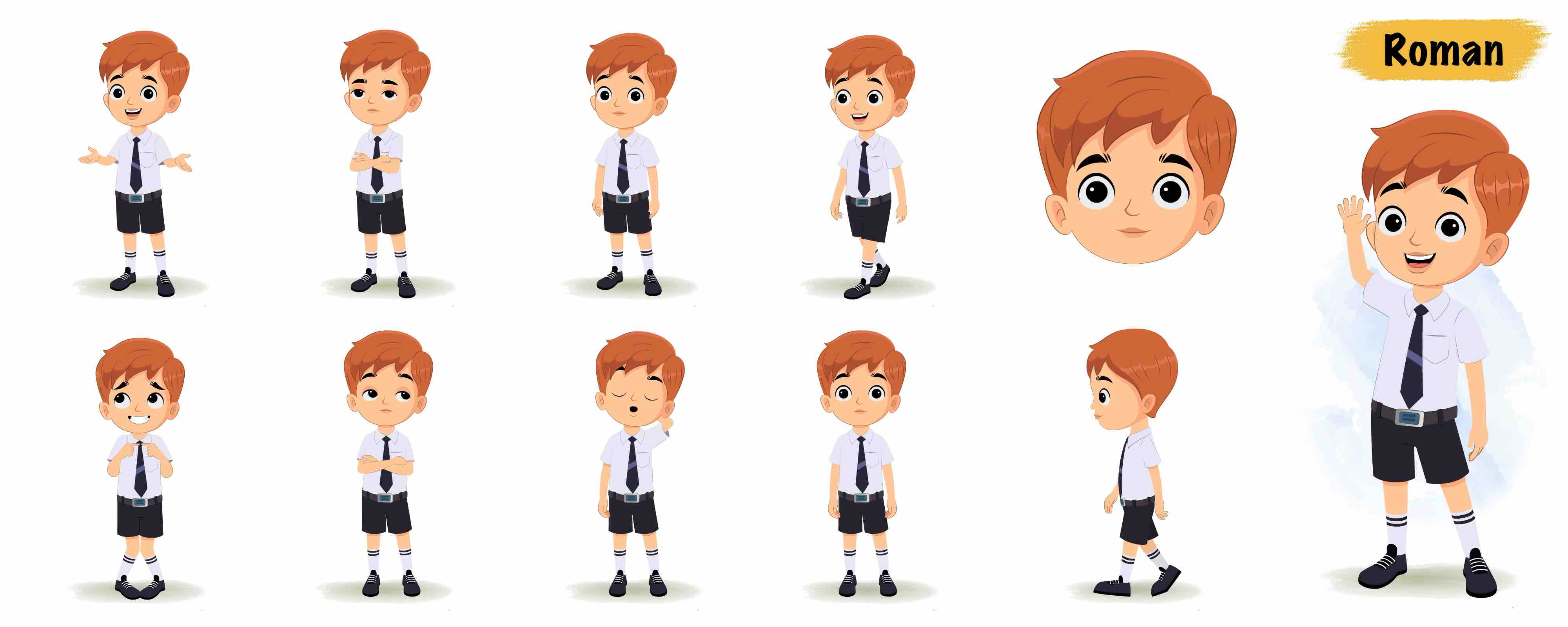 Little school boy animated vector cartoon character model sheet AKA Rohan