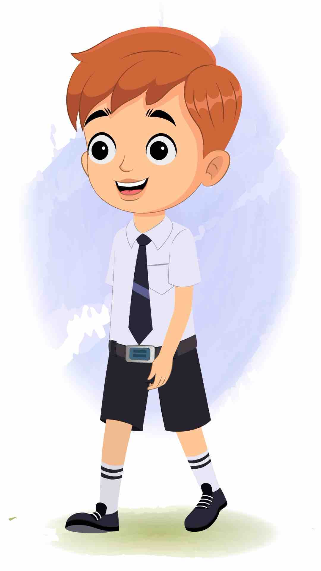 A little boy 3/4 front view/three quarter view walking animated cartoon character aka roman