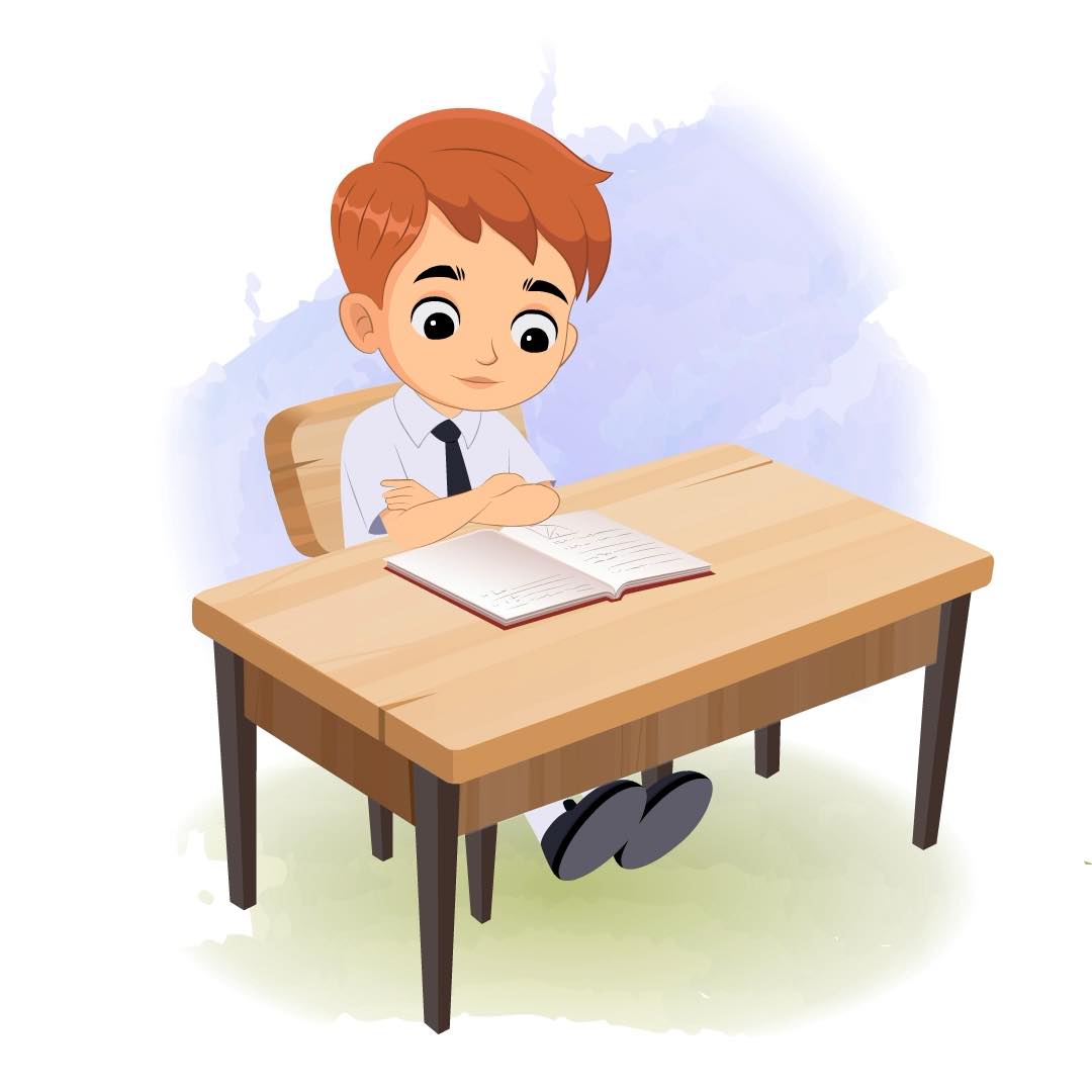 A little boy reading a book and sitting on the table animated cartoon character aka roman