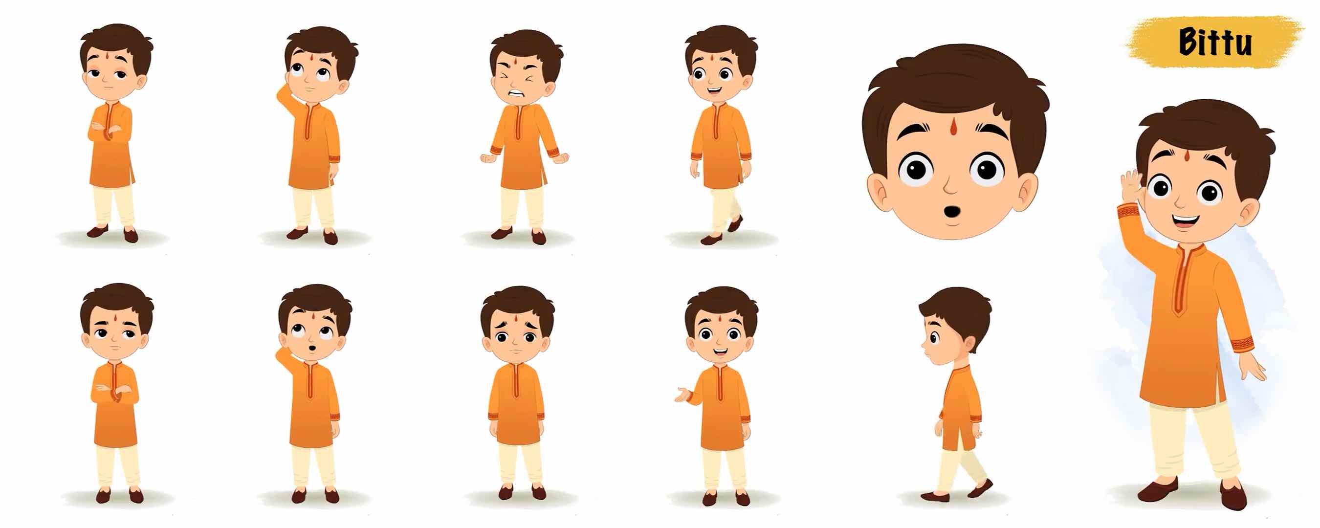 Indian boy in traditional dress animated vector cartoon character model sheet AKA Bittu