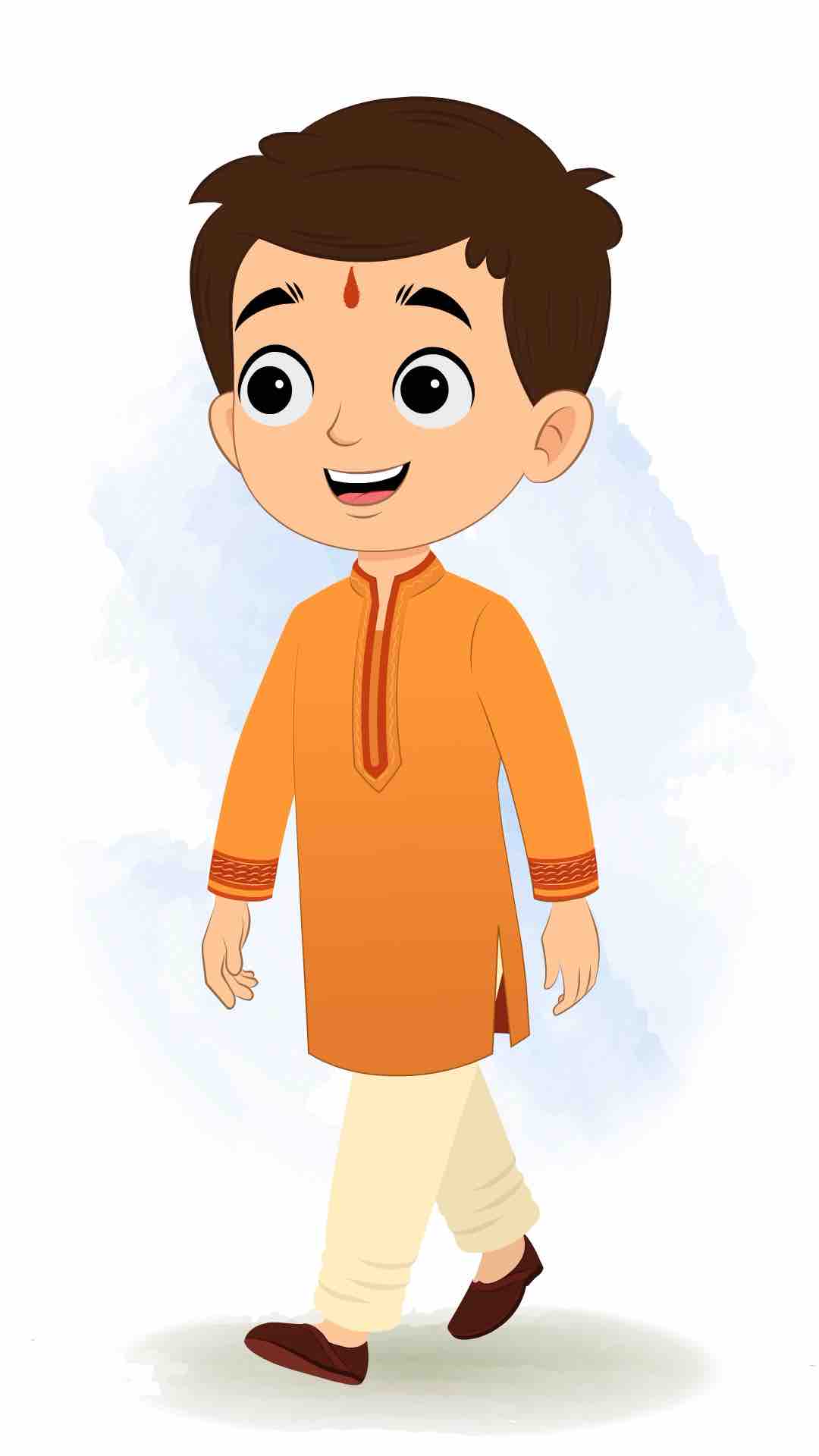 An Indian boy 3/4 front view/three quarter view walking animated cartoon character aka bittu