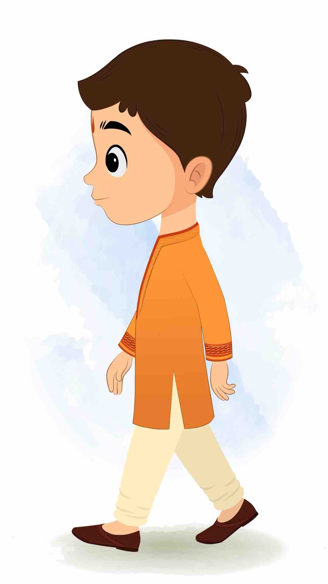 An Indian boy walking side view animated cartoon character aka bittu