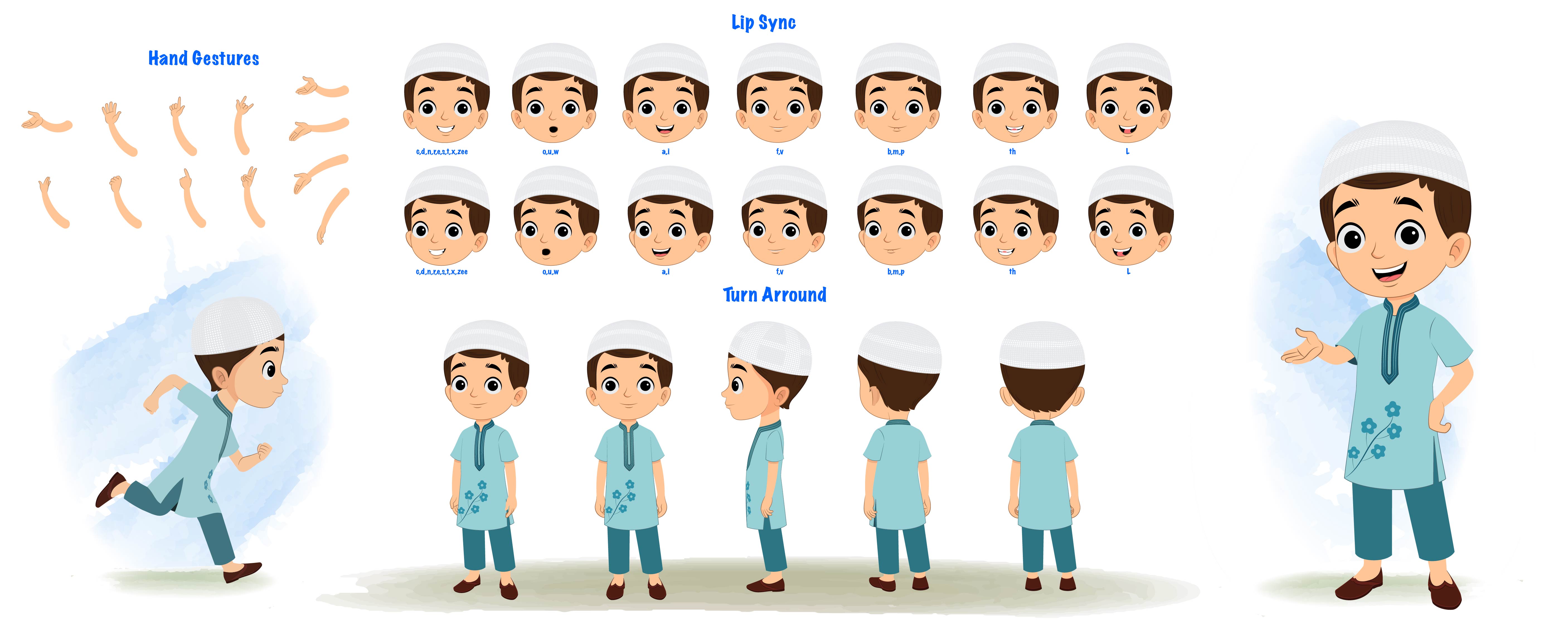 A cute muslim boy cartoon character construction/model sheet aka bittu