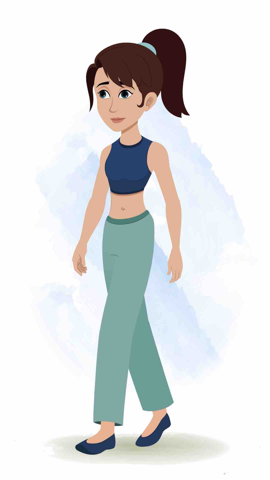 A teenage girl 3/4 front view/three quarter view walking animated cartoon character aka divya