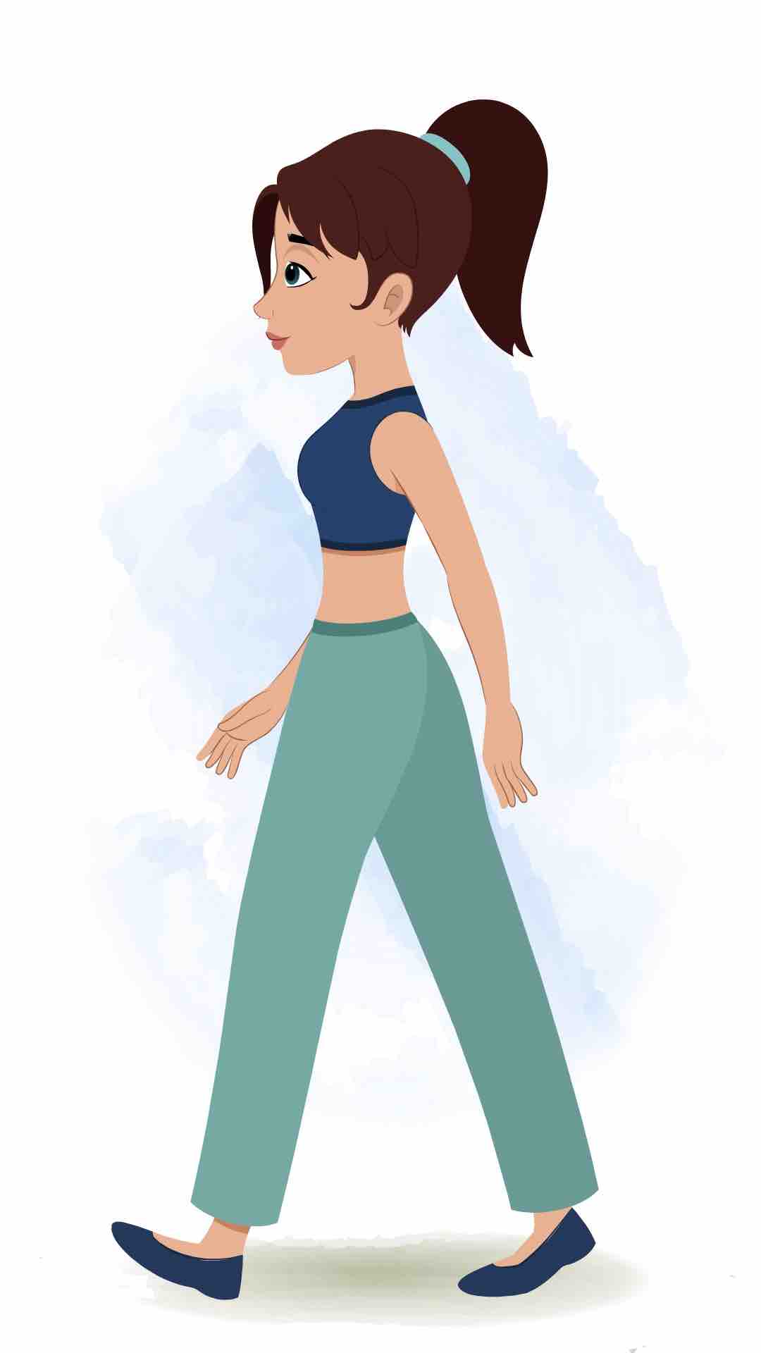 A teenage girl walking side view animated cartoon character aka divya