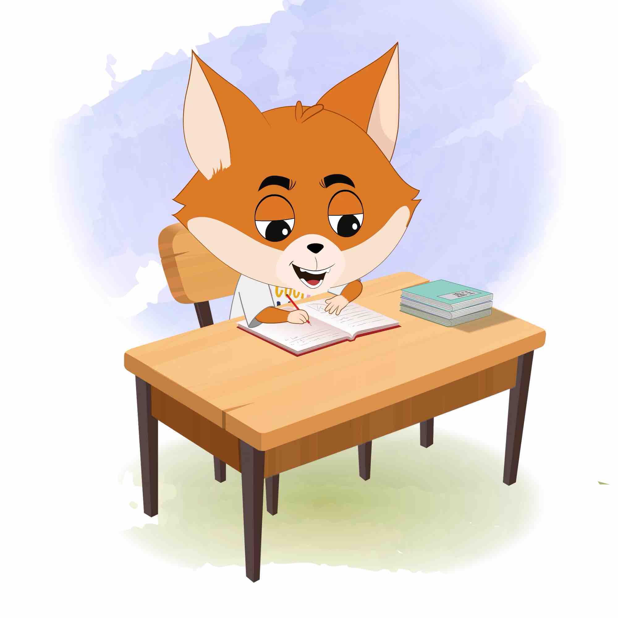 A little dog doing homework and sitting on the table animated cartoon character aka dodo the dog