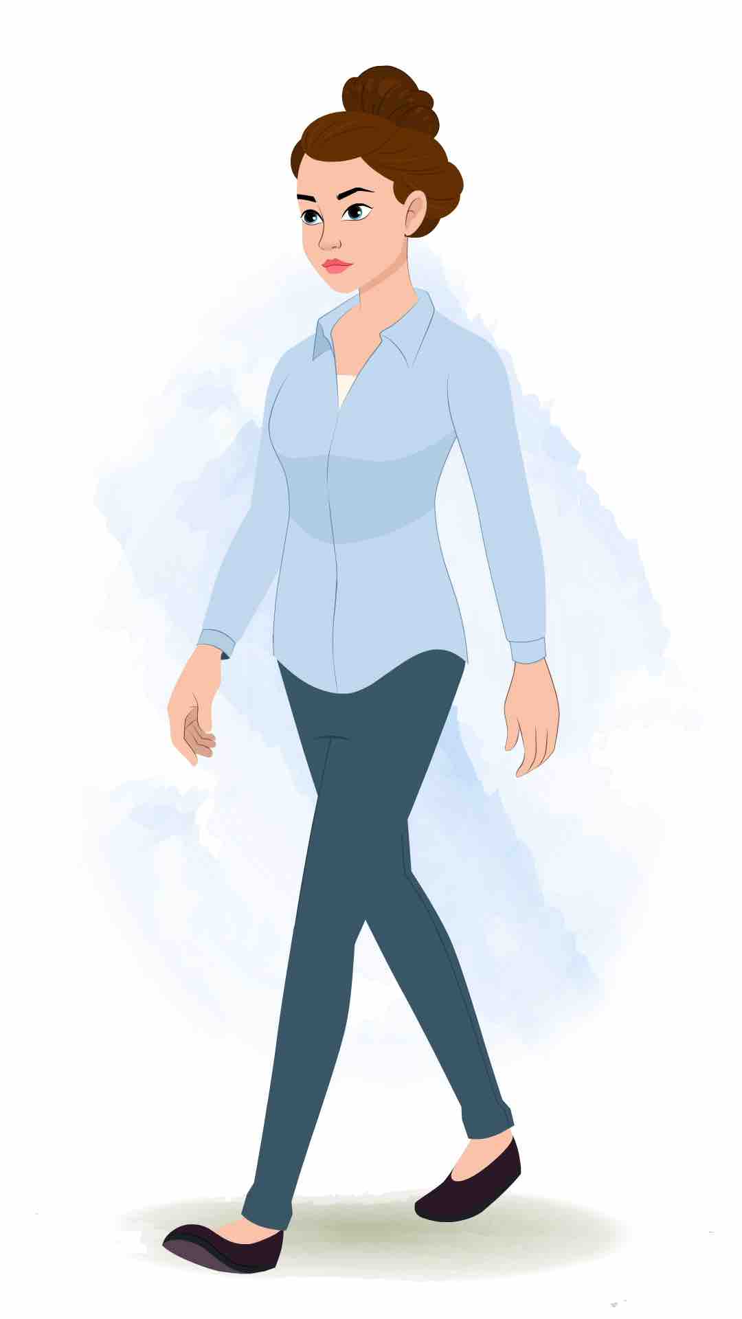 A business woman 3/4 front view/three quarter view walking animated cartoon character aka ruby