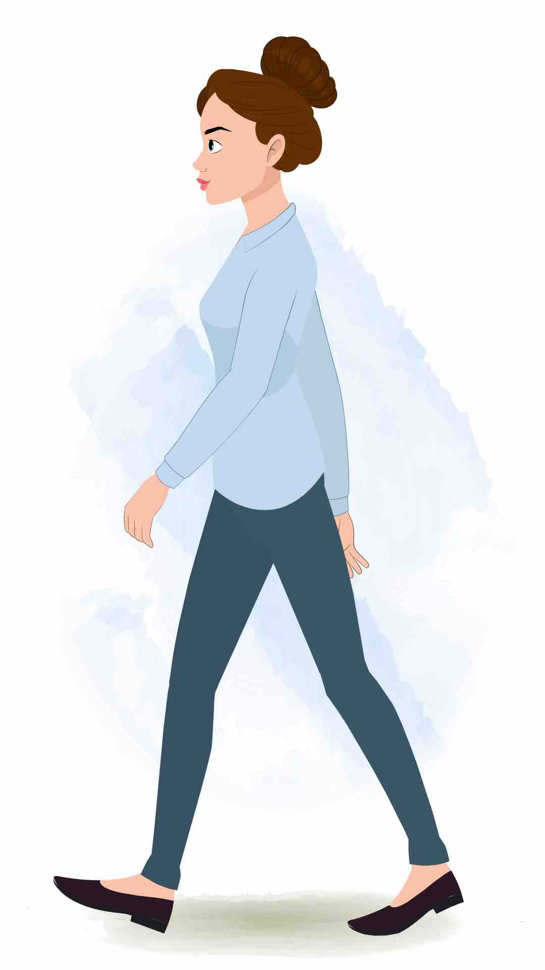 A business woman walking side view animated cartoon character aka ruby