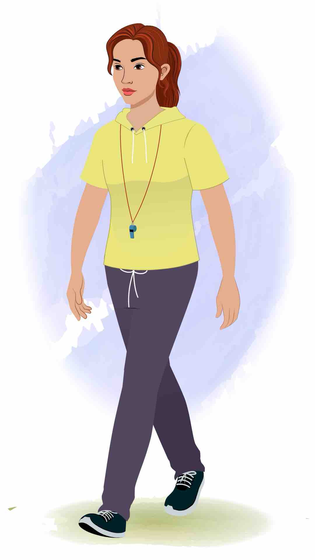 A female physical teacher 3/4 front view/three quarter view walking animated cartoon character aka miss mansi