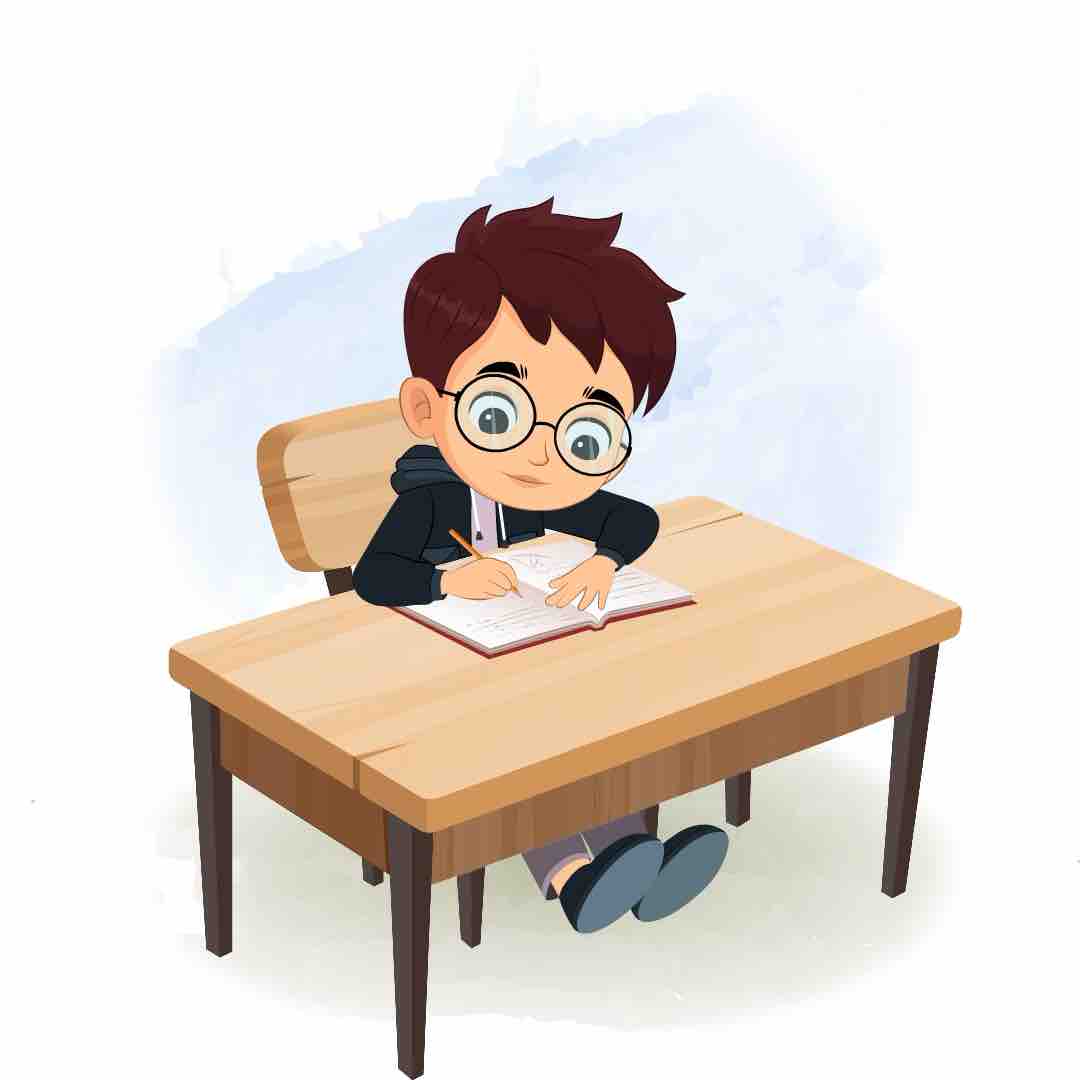 A little boy doing homework and sitting on the table animated cartoon character aka harry