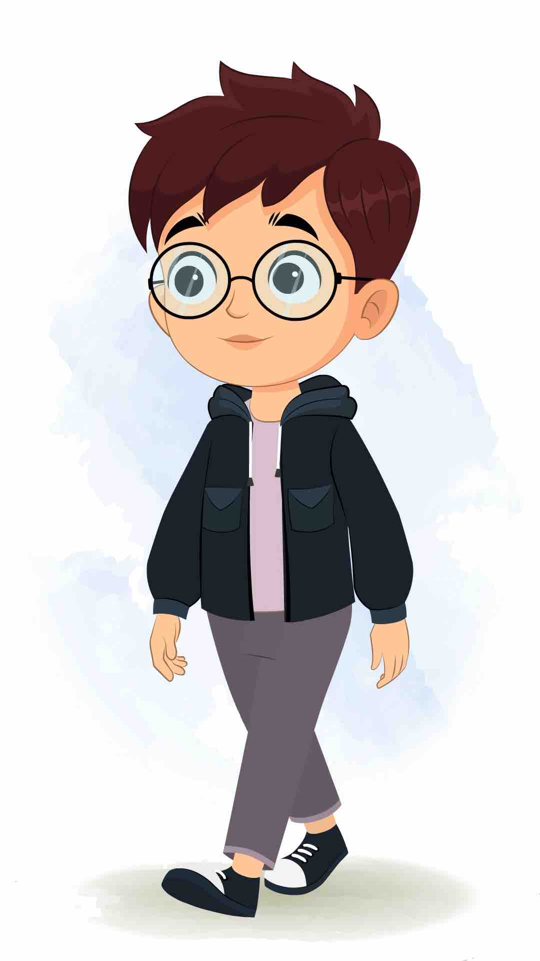 A little boy 3/4 front view/three quarter view walking animated cartoon character aka harry