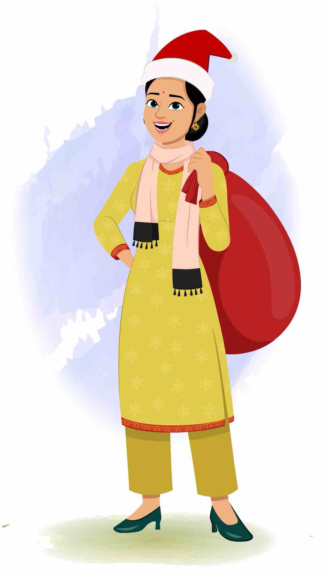 A beautiful Indian woman carrying sack full of gifts and ringing his christmas bell animated cartoon character aka sandhya