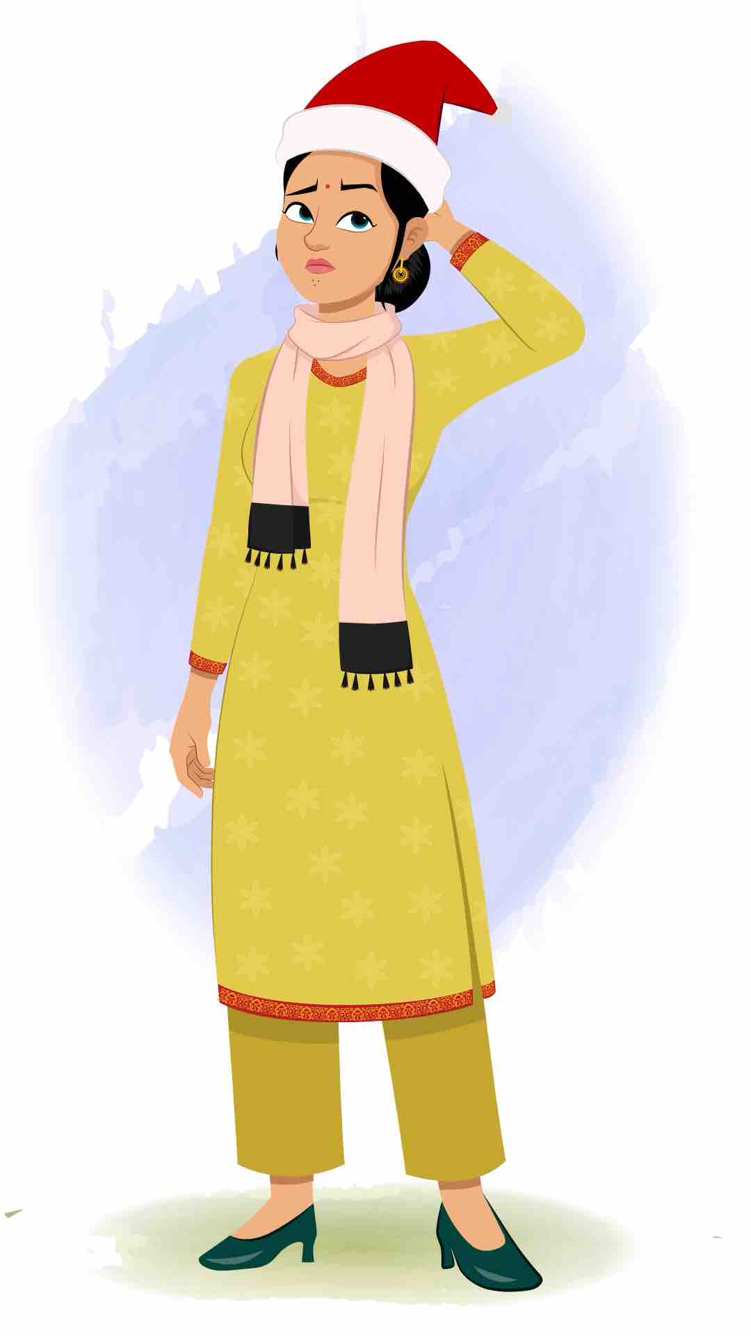 A beautiful confused Indian woman animated cartoon character aka sandhya