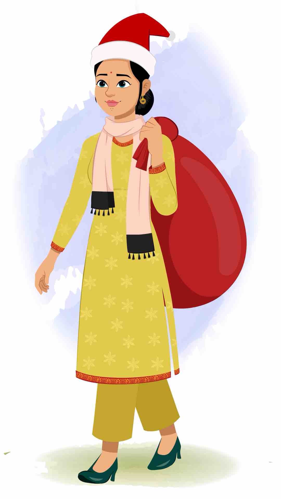 A beautiful Indian woman carrying sack full of gifts walking animated cartoon character aka sandhya