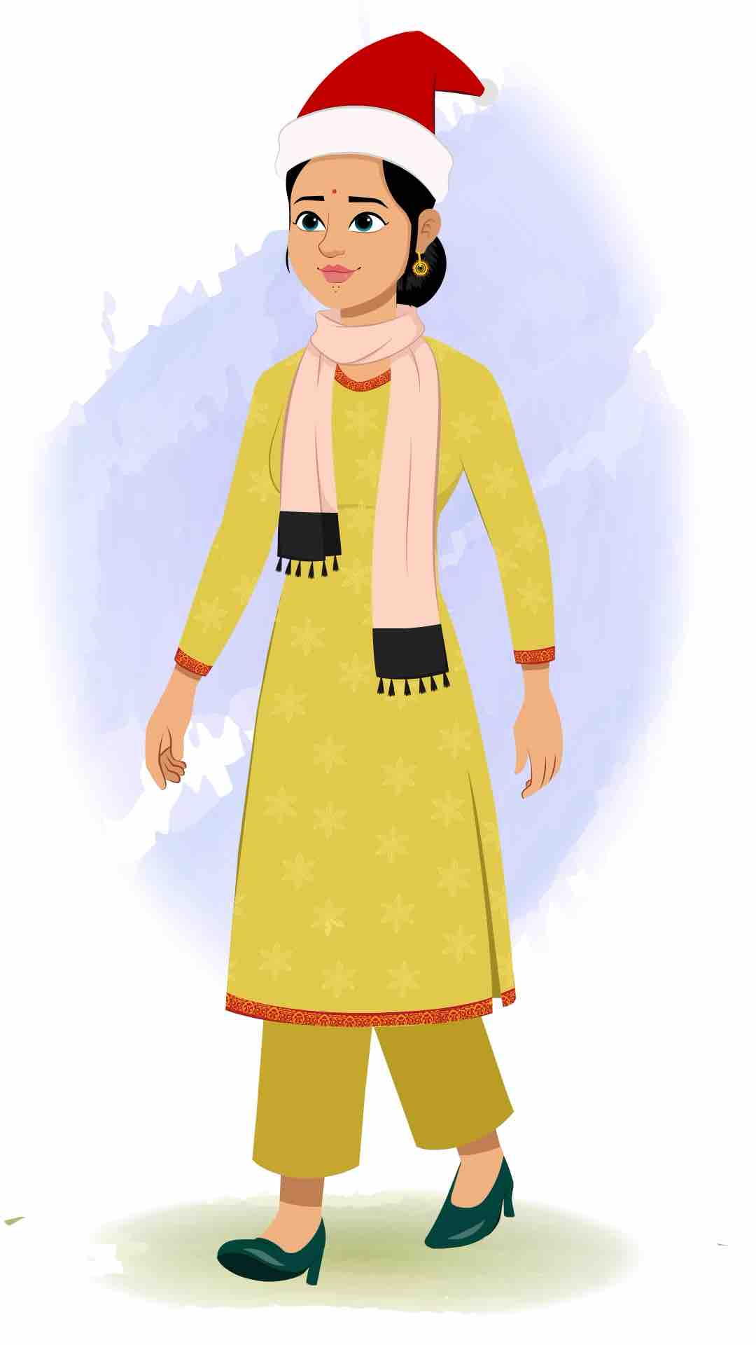 A beautiful Indian woman walking side view animated cartoon character aka sandhya