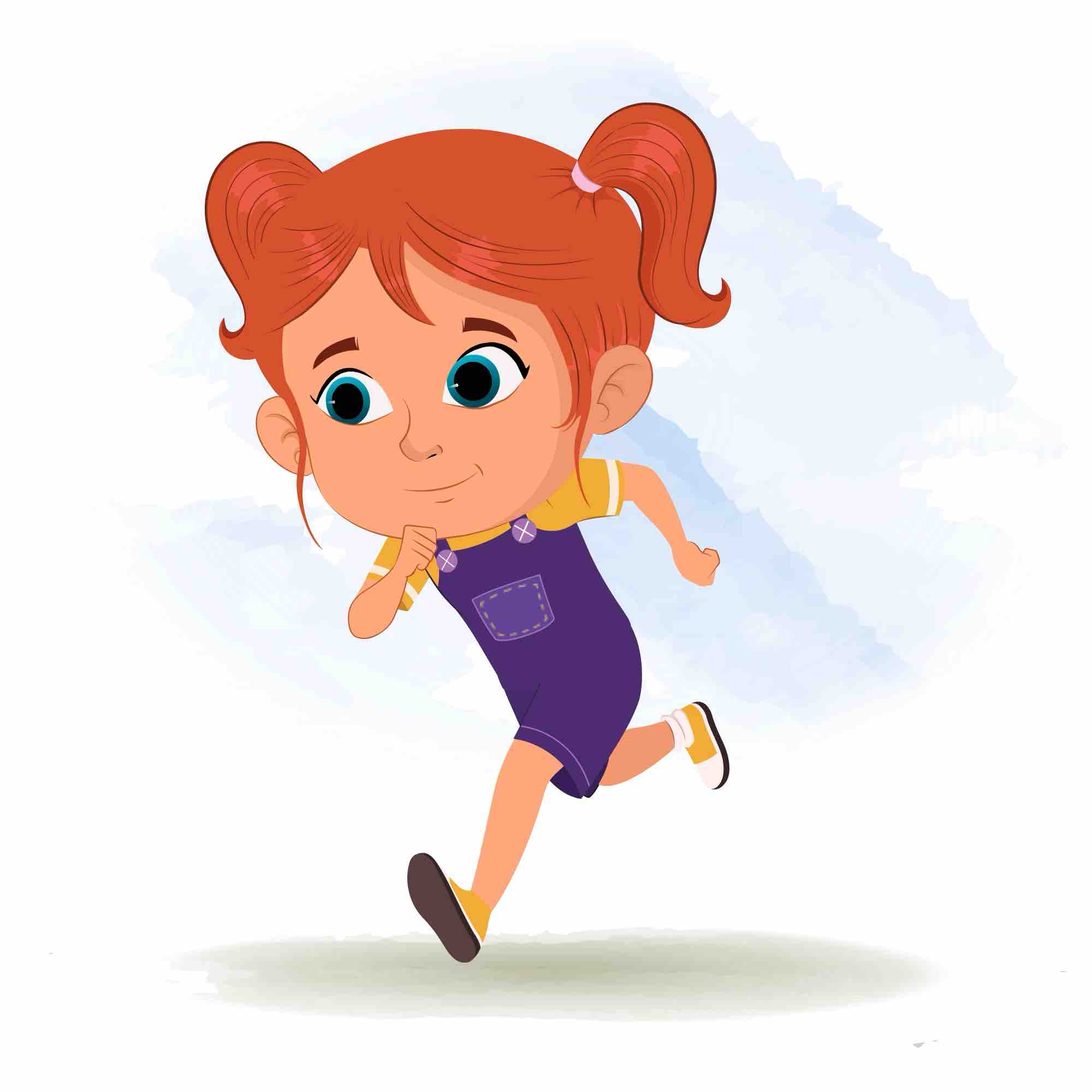 A cute little girl running three quarter view animated cartoon character aka ella