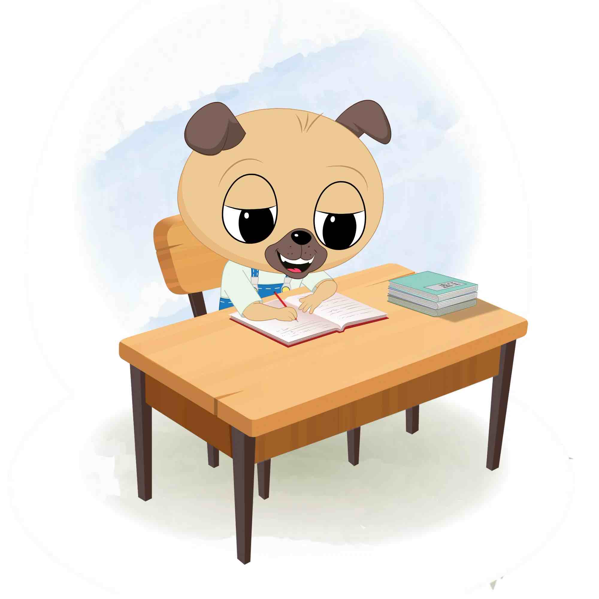 A little dog doing homework and sitting on the table animated cartoon character aka duffy the dog