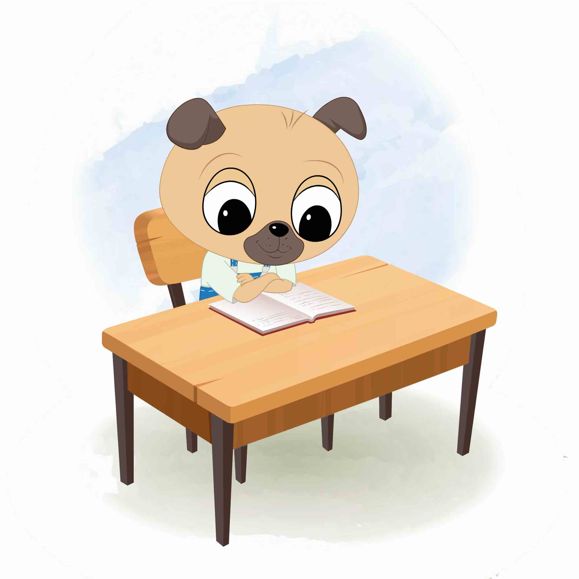 A little dog reading a book and sitting on the table animated cartoon character aka duffy the dog