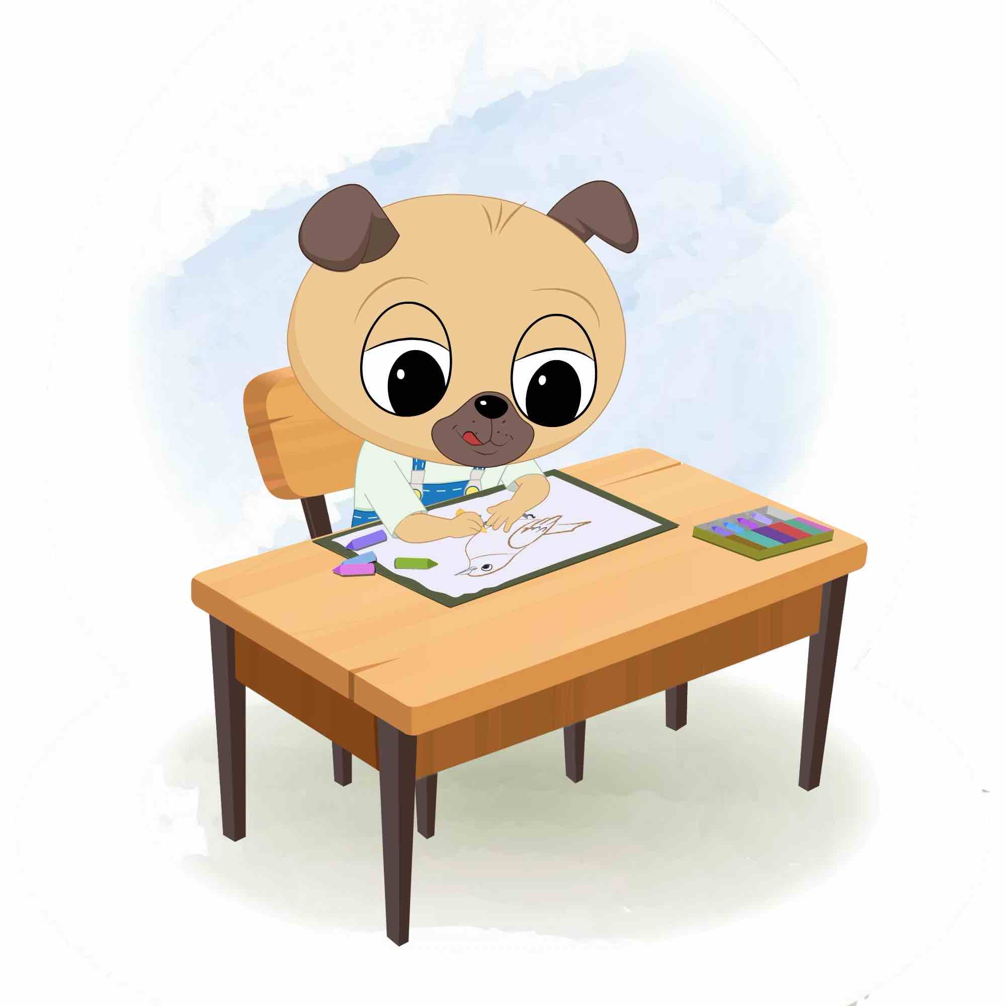 A little dog is sitting at a table with some crayons and colouring on the paper aka duffy the dog